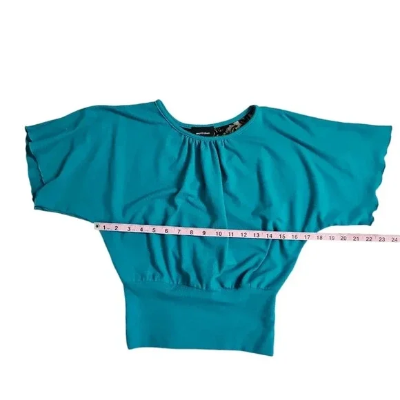 Amys Closet Juniors Small Teal Dolman Sleeve Blouse Lace Back 90s Y2K Preppy Top - Picture 5 of 6